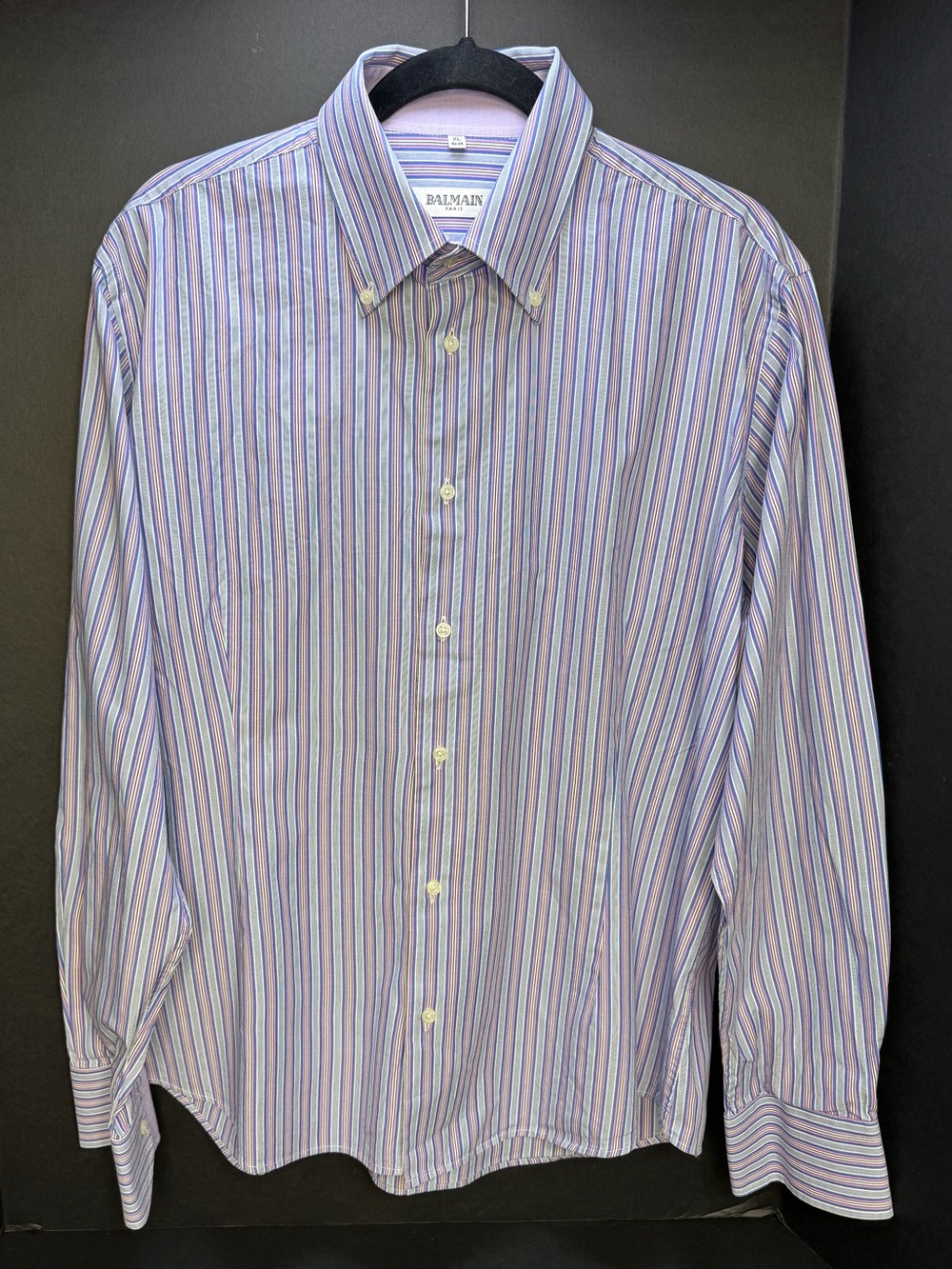 Vintage Balmain Paris Mens XL 43-44 100% Cotton Striped Button Up Shirt